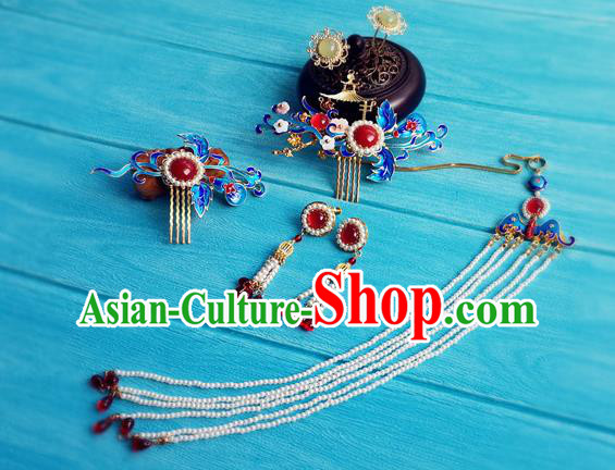 Chinese Ming Dynasty Queen Cloisonne Hairpin Traditional Hanfu Hair Accessories Ancient Empress Tassel Hair Combs Full Set