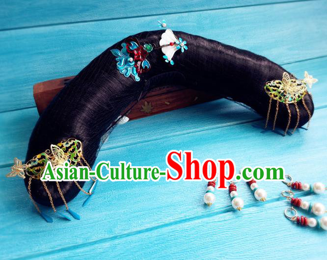 China Ancient Imperial Consort Hairpieces Drama Story of Yanxi Palace Zhang Jiani Headdress Traditional Qing Dynasty Manchu Woman Wigs and Hairpins