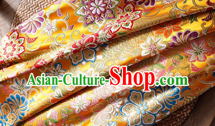 Asian Japanese Classical Chrysanthemum Pattern Tapestry Fabric Traditional Yellow Brocade Yukata Dress Satin Kimono Drapery