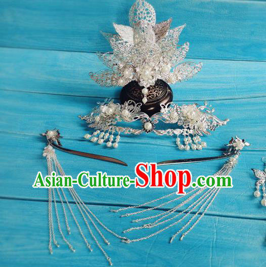Chinese Tang Dynasty Court Woman Tassel Hairpin Traditional Hanfu Hair Accessories Ancient Imperial Consort Argent Hair Crown