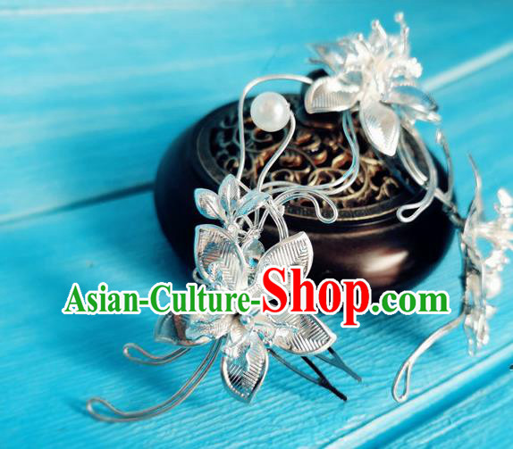 Chinese Ancient Young Lady Argent Orchids Hair Comb Song Dynasty Court Beauty Hairpin Traditional Hanfu Hair Accessories