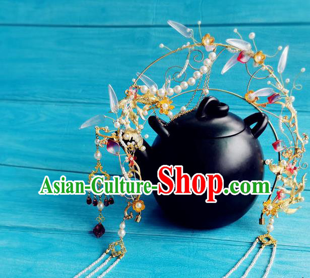 Chinese Ancient Goddess Golden Hair Crown Tang Dynasty Princess Hairpin Traditional Hanfu Pearls Tassel Hair Clasp