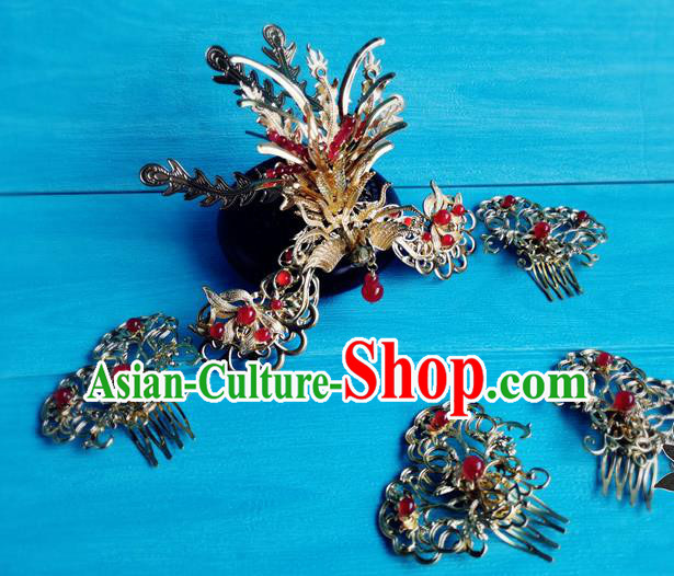 Chinese Traditional Hanfu Hair Accessories Ancient  Queen Golden Phoenix Hair Crown Song Dynasty Empress Cao Danshu Hair Combs