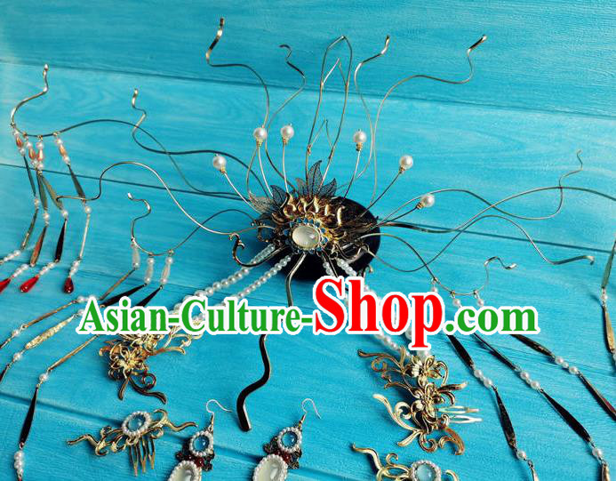 Chinese Ancient Fairy Queen Tassel Hairpins Traditional Hanfu Hair Accessories Jin Dynasty Empress Golden Lotus Hair Crown