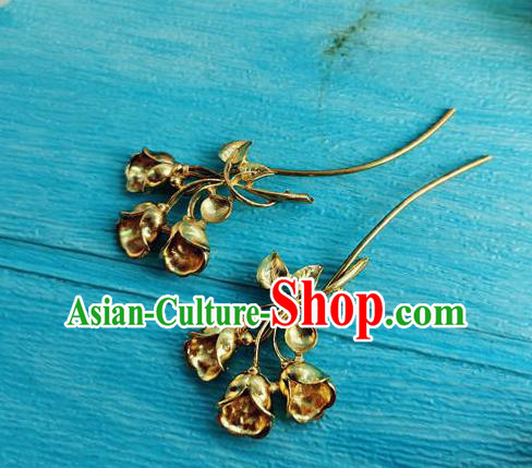 Chinese Ancient Palace Lady Golden Convallaria Hairpins Traditional Hanfu Hair Accessories Tang Dynasty Princess Hair Stick