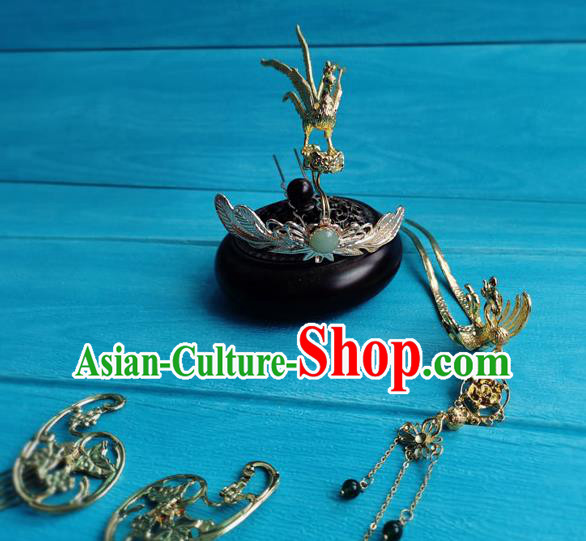 Chinese Ancient Queen Hair Accessories Traditional Qin Dynasty Empress Golden Phoenix Hair Crown and Tassel Hairpins Complete Set