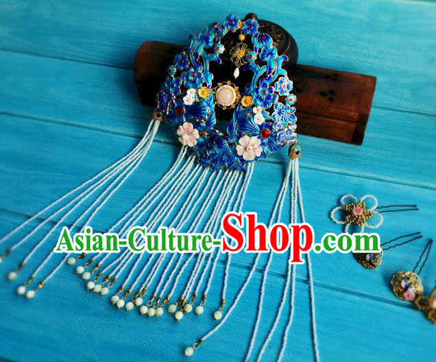 Chinese Ancient Imperial Consort Tassel Hairpin Traditional Hair Accessories Qing Dynasty Court Woman Cloisonne Hair Crown