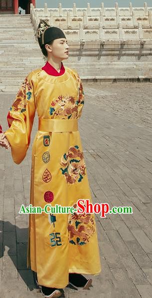China Ancient Emperor Embroidered Yellow Imperial Robe Traditional Hanfu Garments Ming Dynasty Royal Majesty Historical Clothing and Hat