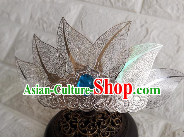 Chinese Traditional Tang Dynasty Prince Hair Accessories Ancient Swordsman Argent Leaf Hairdo Crown