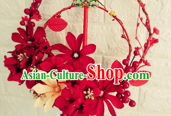 Handmade Chinese Traditional Hanfu Red Flowers Fan Wedding Palace Fan Bride Prop Fan