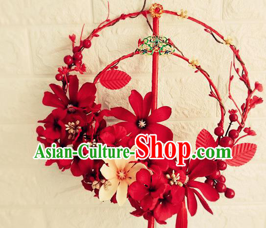 Handmade Chinese Traditional Hanfu Red Flowers Fan Wedding Palace Fan Bride Prop Fan