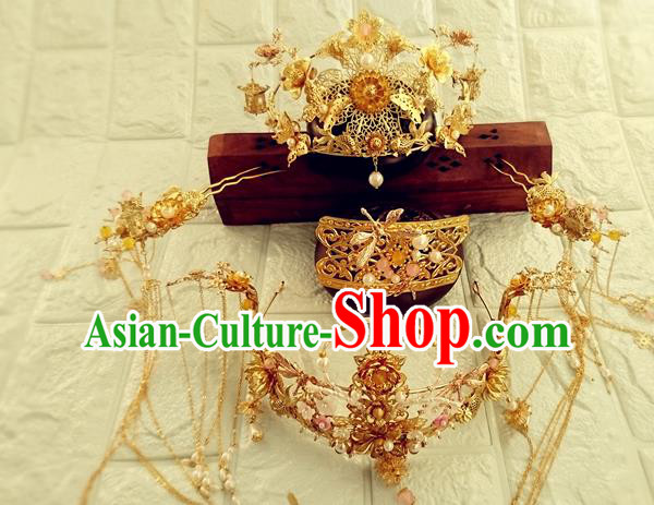 Chinese Ming Dynasty Queen Golden Hair Crown Traditional Hanfu Hair Accessories Ancient Wedding Bride Hairpins