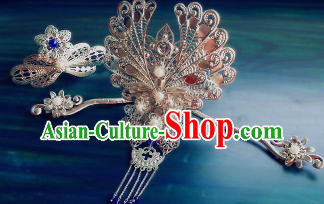 Chinese Tang Dynasty Argent Princess Hairpins Traditional Hanfu Hair Accessories Ancient Fairy Hair Crown Full Set