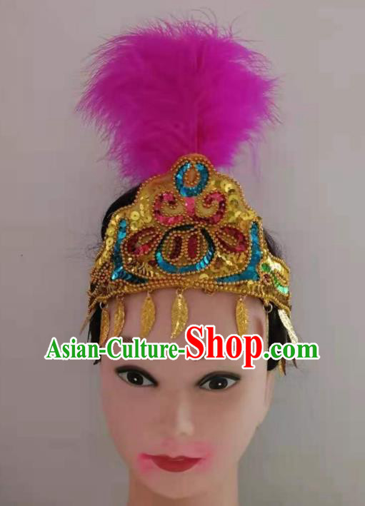 Chinese Minority Stage Performance Rosy Feather Hair Crown Xinjiang Ethnic Folk Dance Hair Clasp Traditional Uyghur Nationality Dance Headpieces