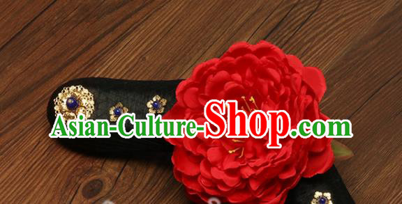 China Drama Princess of Pearl Hairpieces Traditional Qing Dynasty Headdress Ancient Imperial Consort Wigs and Red Peony Hairpins