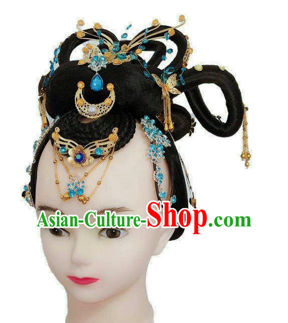 Chinese Tang Dynasty Court Dance Headpieces Traditional Woman Dance Headdress Classical Dance Wigs Chignon