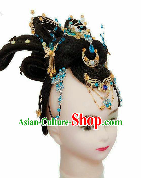Chinese Tang Dynasty Court Dance Headpieces Traditional Woman Dance Headdress Classical Dance Wigs Chignon