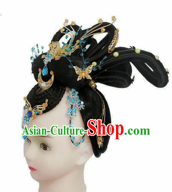 Chinese Tang Dynasty Court Dance Headpieces Traditional Woman Dance Headdress Classical Dance Wigs Chignon