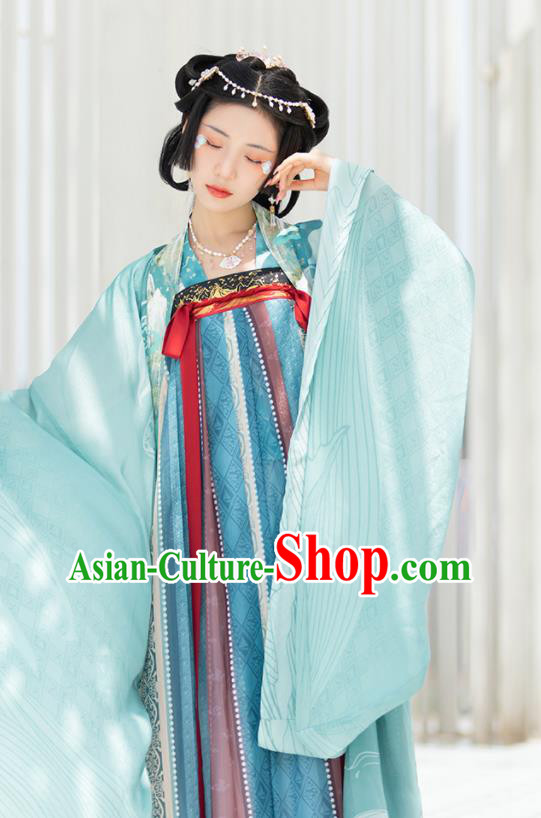 China Ancient Court Princess Blue Hanfu Dress Clothing Traditional Tang Dynasty Historical Garment Costumes Complete Set