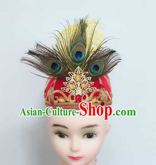 China Uighur Nationality Dance Headdress Xinjiang Minority Performance Feather Headpiece Uyghur Ethnic Folk Dance Red Hat