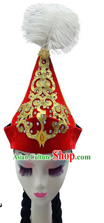 China Kazak Minority Performance Headwear Xinjiang Ethnic Woman Dance Headdress Kazakh Nationality Dance Red Hat