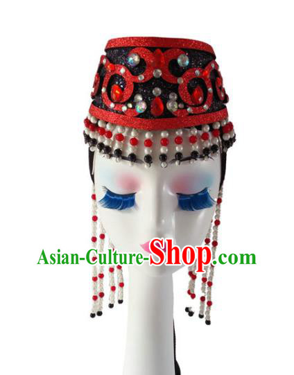 China Mongol Minority Folk Dance Headdress Ethnic Woman Performance Tassel Hat Mongolian Nationality Dance Headwear