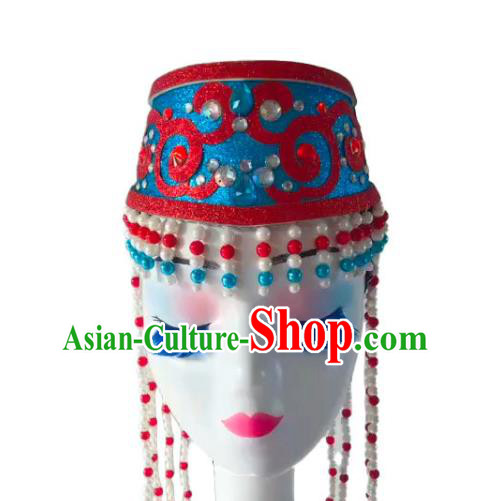 China Mongolian Nationality Dance Headwear Mongol Minority Folk Dance Headdress Ethnic Woman Performance Tassel Blue Hat