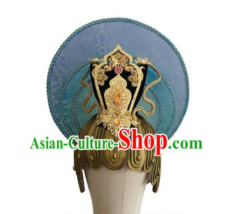 Chinese Ancient God Blue Hat Classical Dance Hair Accessories Male Stage Performance Headdress