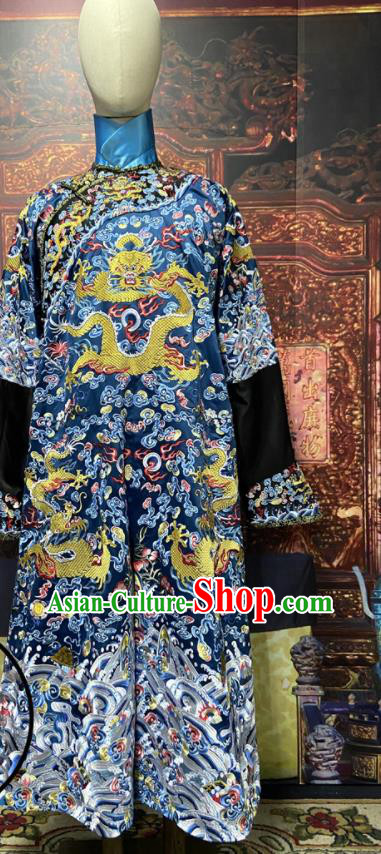 China Ancient Blue Imperial Dragon Traditional Historical Garment Costume Qing Dynasty Emperor Embroidered Dragon Robe Clothing