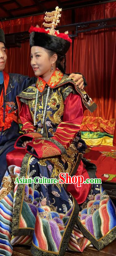 China Qing Dynasty Empress Historical Clothing Ancient Wedding Garment Costumes Queen Embroidered Dress Apparels