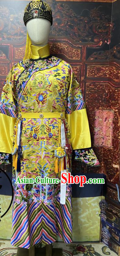 China Qing Dynasty Qianlong Emperor Embroidered Dragon Robe Clothing Ancient Yellow Imperial Dragon Traditional Monarch Historical Garment Costume