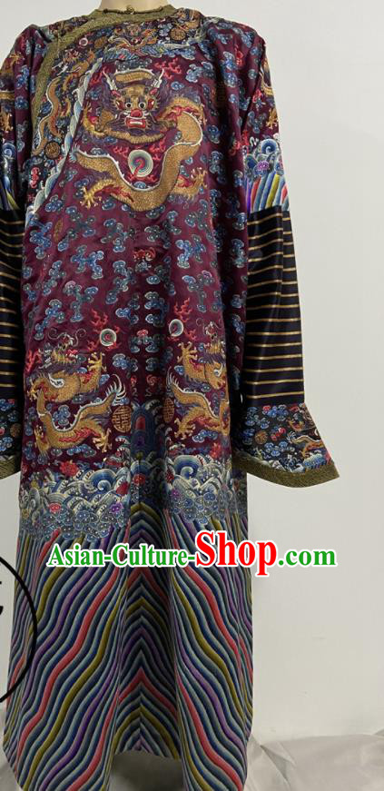 China Traditional Monarch Historical Garment Costume Qing Dynasty Emperor Embroidered Dragon Robe Clothing Ancient Purple Imperial Dragon