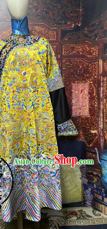 China Ancient Yellow Imperial Dragon Traditional Manchu Emperor Historical Garment Costume Qing Dynasty Monarch Embroidered Dragon Robe Clothing