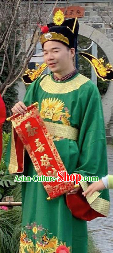 China Ancient Immortal Apparels Cosplay Lucky God Clothing Traditional Festival Performance Green Garment Costume and Headdress