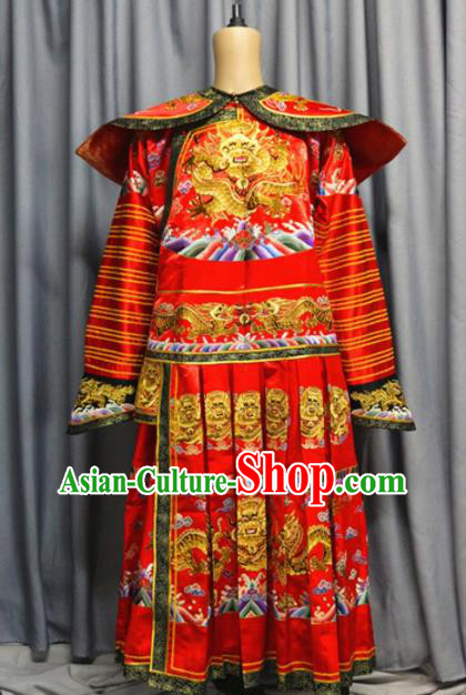 China Traditional Qing Dynasty King Wedding Garment Costume Ancient Emperor Embroidered Dragon Robe Red Imperial Robe Clothing