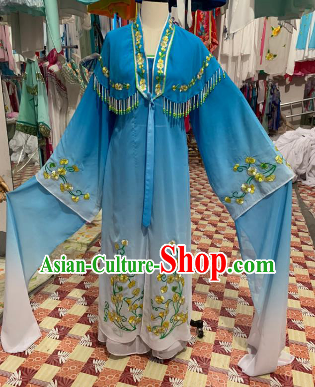 China Beijing Opera Hua Tan Clothing Ancient Young Woman Garment Costumes Shaoxing Opera Actress Blue Dress Apparels