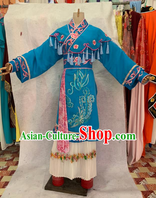 China Shaoxing Opera Actress Embroidered Blue Dress Outfits Beijing Opera Hua Tan Clothing Ancient Princess Garment Costume