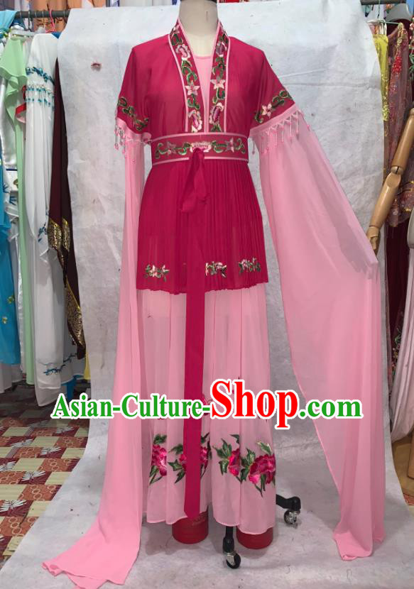 China Shaoxing Opera Actress Embroidered Rosy Dress Outfits Peking Opera Hua Tan Clothing Ancient Servant Girl Garment Costume