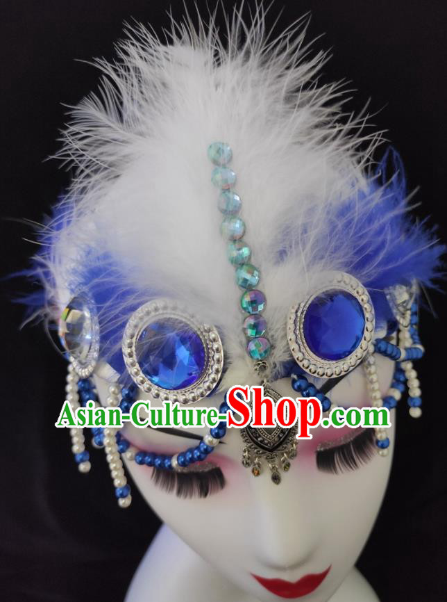 China Minority Dance Blue Headband Mongolian Ethnic Performance Feather Headpieces Mongol Nationality Folk Dance Hair Accessories