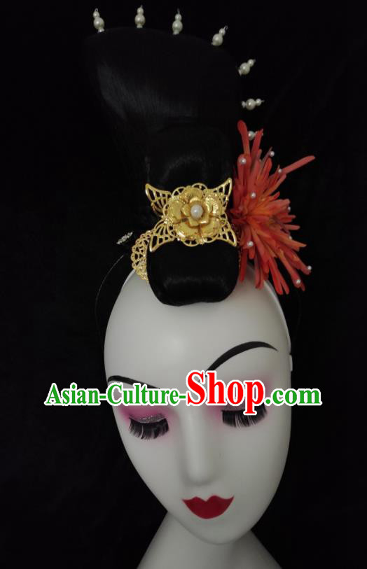 Chinese Stage Performance Hairpieces Classical Dance Headwear Court Dance Wigs Chignon Woman Umbrella Dance Hair Accessories