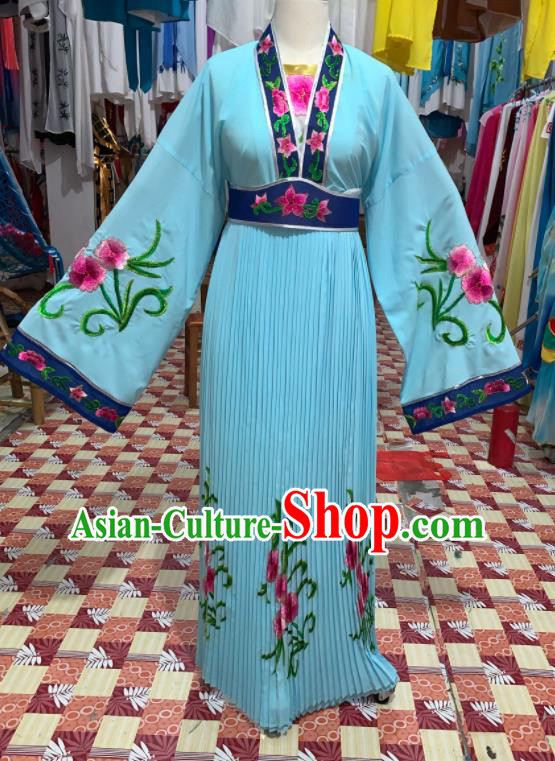 China Shaoxing Opera Young Lady Blue Dress Outfits Traditional Peking Opera Court Maid Clothing Ancient Flower Goddess Garment Costumes