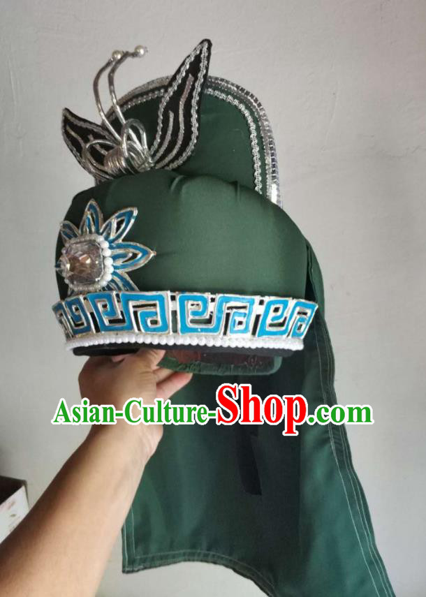 Chinese Traditional Beijing Opera Imperial Bodyguard Green Hat Peking Opera Wusheng Headwear Shaoxing Opera General Headdress