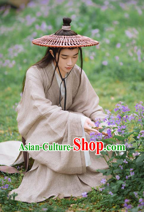 China Ancient Young Childe Garment Costume Traditional Hanfu Long Gown Song Dynasty Scholar Clothing