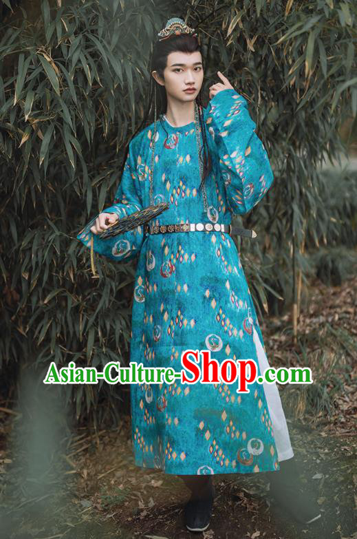 China Traditional Hanfu Blue Flax Robe Tang Dynasty Young Knight Clothing Ancient Swordsman Garment Costume