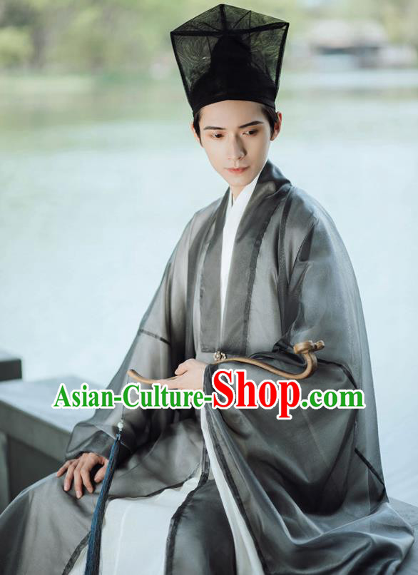 China Ming Dynasty Taoist Clothing Ancient Scholar Garment Costume Traditional Hanfu Grey Cloak for Men