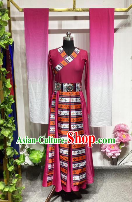 Chinese Zang Minority Rosy Dress Outfits Tibetan Nationality Dance Clothing Ethnic Performance Costume Woman Dance Garments
