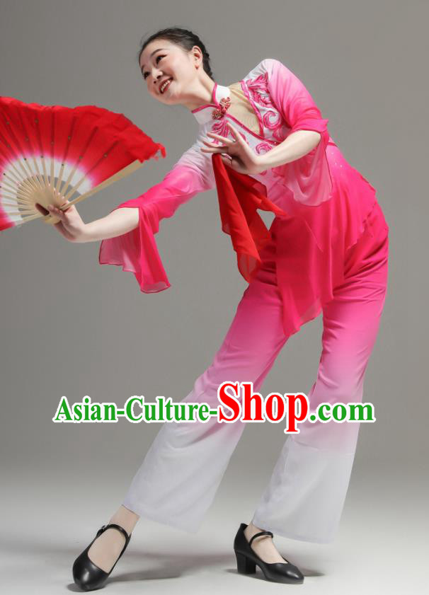 Chinese Jiaozhou Yangko Dance Clothing Women Group Performance Garments Folk Dance Rosy Outfits Fan Dance Costumes