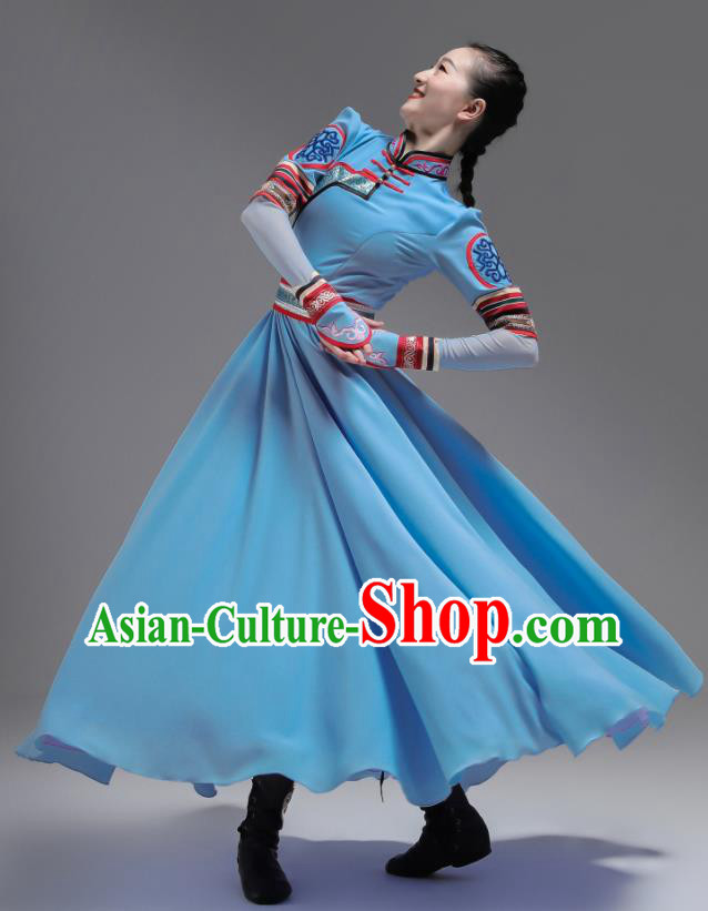 Chinese Mongol Nationality Dance Clothing Ethnic Performance Costume Woman Dance Garments Mongolian Minority Blue Dress Outfits