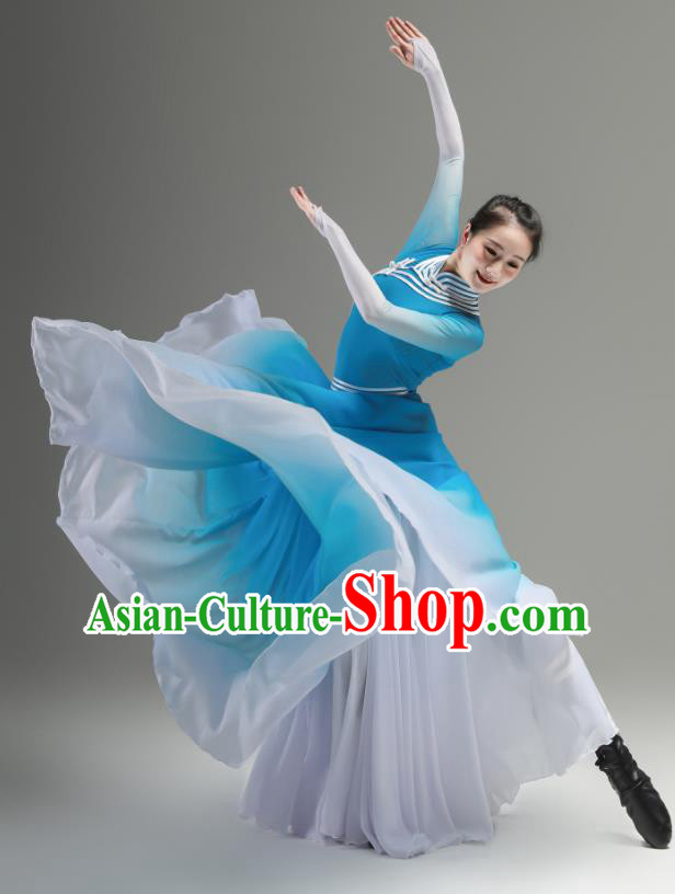 Chinese Mongolian Minority Blue Dress Outfits Mongol Nationality Clothing Ethnic Folk Dance Costume Woman Performance Garments
