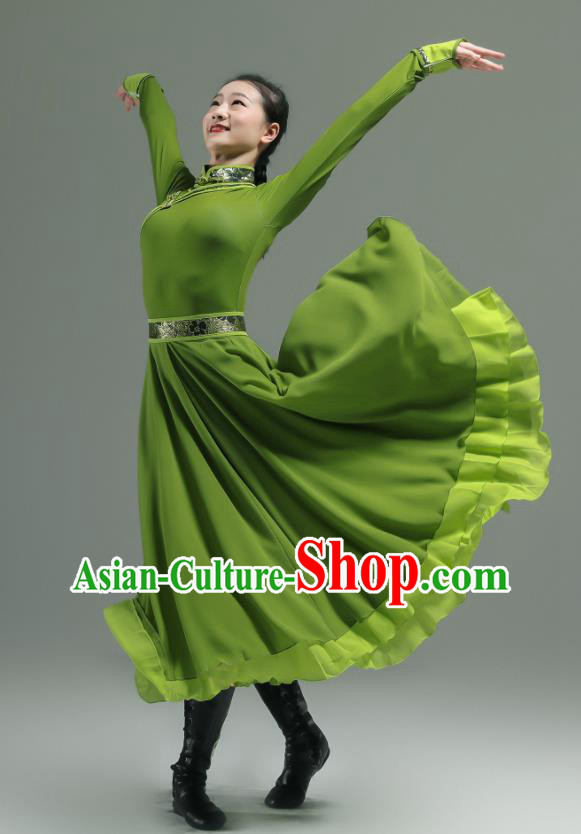 Chinese Ethnic Woman Performance Garments Mongolian Minority Green Dress Outfits Mongol Nationality Clothing Folk Dance Costume